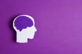 Head silhouette with a purple brain on purple background.