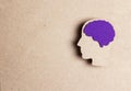 Head silhouette with a purple brain on a brown background with copy space