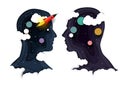 Head silhouettes with rocket, vector paper cut illustration