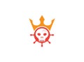 Head skull inside a ship wheel icon with a crown for a pirate king logo design illustration on a white background