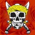 Head skull wearing bandana and cross sword-vector