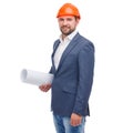 Head in a helmet with a paper in his hand on a white isolated background Royalty Free Stock Photo