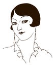 Head of a smiling young woman from the twenties with bob haircut and pearl drop earrings