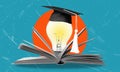 A head with a stack of books and a light bulb as a metaphor for a new idea