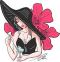 Head of a sweet lady with light long hair, big hat in fashion black top with ice cream