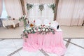 Head table for the newlyweds at the wedding hall. Royalty Free Stock Photo