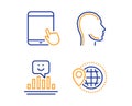 Head, Tablet pc and Smile icons set. World travel sign. Human profile, Touchscreen gadget, Positive feedback. Vector