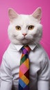 The head of a tranquil white cat set against a pink coloured background