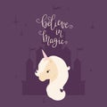 Head of a unicorn on a castle silhouette background