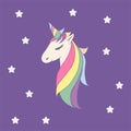 Vector pink unicorn beautiful for girls, festive purple, for birthday. head of a unicorn with a horn and mane