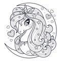 The head of a unicorn with a long mane against the background of the moon. Vector illustration