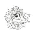 The head of a unicorn with a long mane. Black and white linear drawing. Vector Royalty Free Stock Photo