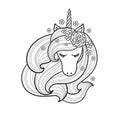 The head of a unicorn with a long mane. Black and white linear drawing. Vector Royalty Free Stock Photo