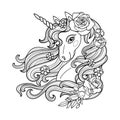 The head of a unicorn with a long mane. Black and white linear drawing. Vector