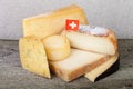 Head and various pieces of cheese on a wooden table Royalty Free Stock Photo