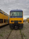 Head on view of the Drivers Cab of a Dutch Urban Commuter Train stored at the Container port in Amsterdam.