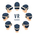 Head in vr glasses. Isometric virtual reality headset game or education experience. Isolated vector illustration set