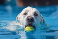 Head of white dog swimming through clear blue water with a yellow tennis ball. Royalty Free Stock Photo