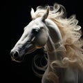 Head of a white horse with a flowing mane, portrait, close-up on black Royalty Free Stock Photo