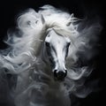 Head of a white horse with a flowing mane, portrait, close-up on black Royalty Free Stock Photo