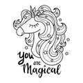 The head of a white unicorn. Magical animal. Black and white. Vector artwork