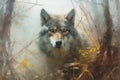 Head of a wolf emerging from the depths of a foggy forest, exuding an aura of mystery and strength. Ai generated