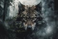 Head of a wolf emerging from the depths of a foggy forest, exuding an aura of mystery and strength. Ai generated