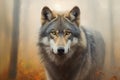 Head of a wolf emerging from the depths of a foggy forest, exuding an aura of mystery and strength. Ai generated