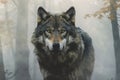 Head of a wolf emerging from the depths of a foggy forest, exuding an aura of mystery and strength. Ai generated