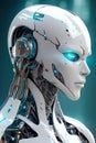 The head of a woman android robot. Artificial intelligence. Close up. AI generated.