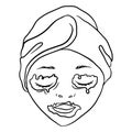 The head of a woman with a cosmetic mask on her face and her hair hidden in a turban. Beauty and personal care concept. Vector