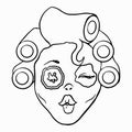 Head of woman wearing cucumber cosmetic mask and hair curlers. Beauty and personal care concept. Vector illustration with lines in Royalty Free Stock Photo