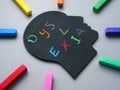 Head and word dyslexia written in crayons. Dyslexic Thinking concept. Royalty Free Stock Photo