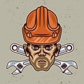 Head of worker with bristle in hard hat and two crossed adjustable wrenches vector illustration in colorful cartoon