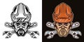 Head worker with bristle in hard hat and two crossed adjustable wrenches vector illustration in two styles black on