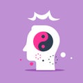 Head and yin yang sign, mental harmony, inner balance, self understanding, opposite sides