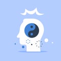 Head and yin yang sign, mental harmony, inner balance, self understanding, opposite sides