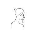 Head of a young beautiful woman with her back. Stock vector illustration.Hand drawn face.