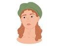 Head of a young cartoon woman wearing a hat. Vector isolated flat portrait of a fashionable girl in a beret.