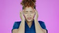 Headache, black woman and pain from stress, burnout and uncomfortable ache in studio on pink background. Migraine Royalty Free Stock Photo