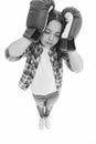 Headache concept. Keep calm and get rid of headache. Beat headache. Girl boxing gloves ready fight. Kid strong girl Royalty Free Stock Photo