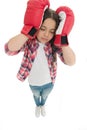 Headache concept. Keep calm and get rid of headache. Beat headache. Girl boxing gloves ready fight. Kid strong girl