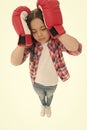 Headache concept. Keep calm and get rid of headache. Beat headache. Girl boxing gloves ready fight. Kid strong girl Royalty Free Stock Photo