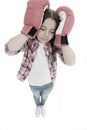 Headache concept. Keep calm and get rid of headache. Beat headache. Girl boxing gloves ready fight. Kid strong girl Royalty Free Stock Photo