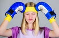 Headache concept. Keep calm and get rid of headache. Beat headache. Girl boxing gloves tired to fight. Strong woman