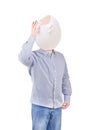 Headache concept. Man touching his head egg symbolizing a head ache on white Royalty Free Stock Photo