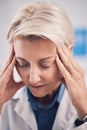 Headache, face of sad doctor and woman with burnout in medical office, mental health problem and pain. Frustrated, tired Royalty Free Stock Photo