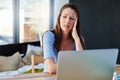 Headache, home office and woman with stress working on a freelance project with a laptop. Burnout, remote work and Royalty Free Stock Photo