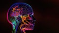 Headache in human head neon glowing head brain, pain in human head with colorful stress illustration