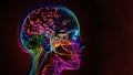 Headache in human head neon glowing head brain, pain in human head with colorful stress illustration